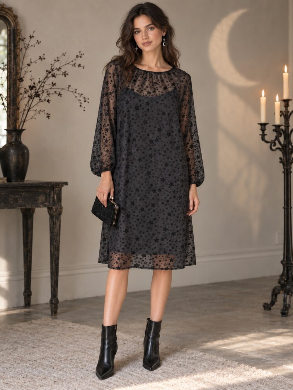 Black Velvet Burnout Shift Dress Size S Flocked Star Print Whimsigoth Halloween